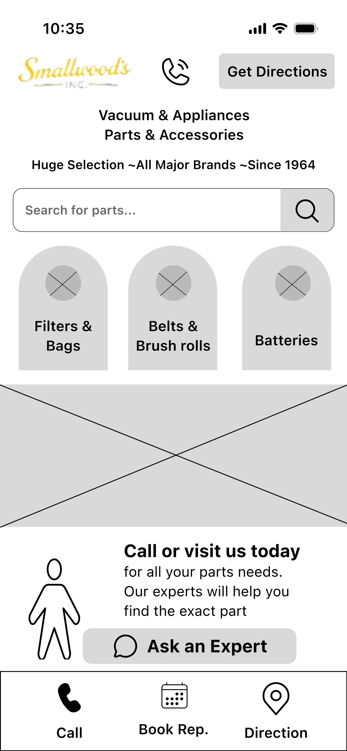 Mid-fidelity wireframe of the parts screen