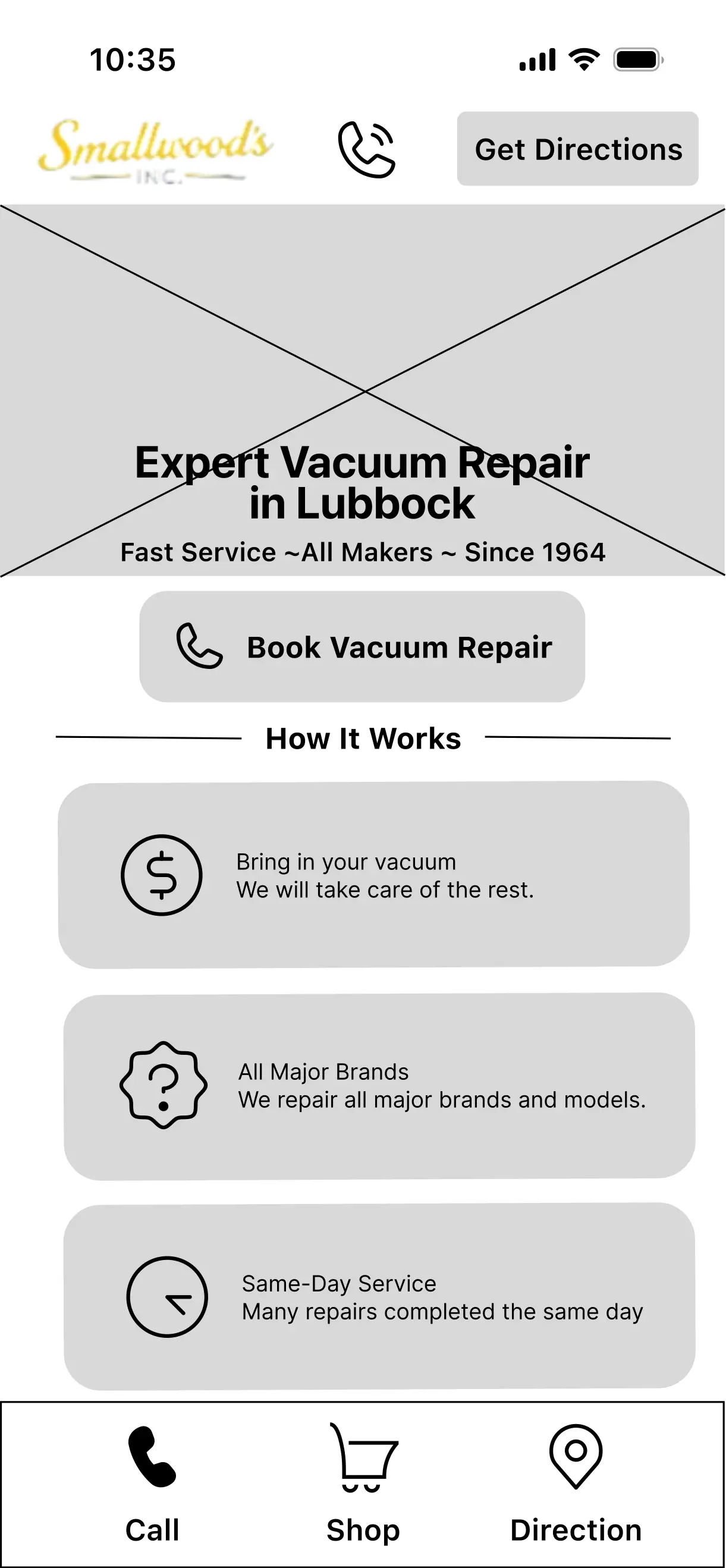 Mid-fidelity wireframe of the repairs screen